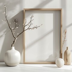 Simple wooden rectangle frame, natural tones against white, minimalist charm