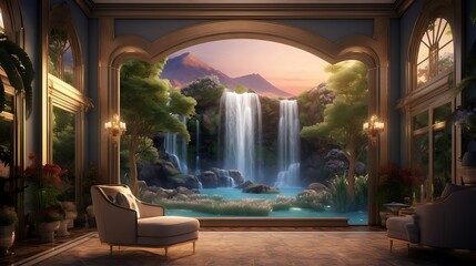 Envision an AI-generated masterpiece, depicting a mesmerizing landscape where the beauty of a waterfall converges with lush green surroundings, comfortable seating,  - obrazy, fototapety, plakaty
