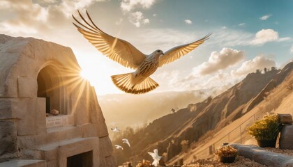 jesus christ crucifixion death and resurrection and easter dove flying out of a stone tomb concept - obrazy, fototapety, plakaty