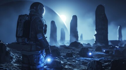 With the eerie glow of unearthed alien technology behind them a lone astronaut stands with their back turned as they work using advanced . . - obrazy, fototapety, plakaty
