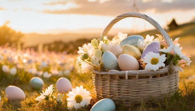 colorful easter background with easter basket full of easter eggs and flowers