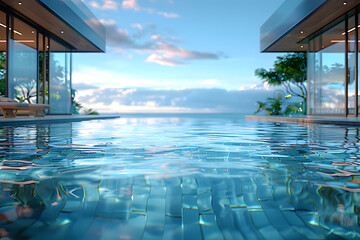 3D render of a modern swimming pool with blue water. - obrazy, fototapety, plakaty