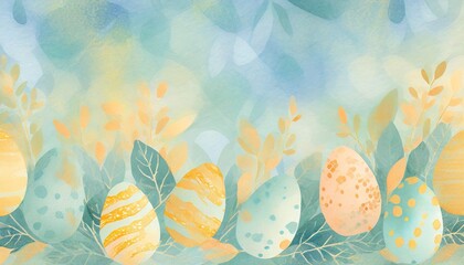 easter retro pattern design background with decorative eggs leaves flowers sky blue watercolor art background