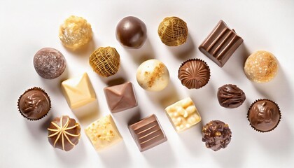 various chocolate pralines isolated on white background top view