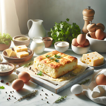 Banitsa with Cheese and Eggs on Marble Counter