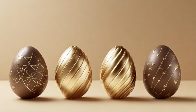 set of chocolate easter eggs with golden patterns on beige background 3d render illustration