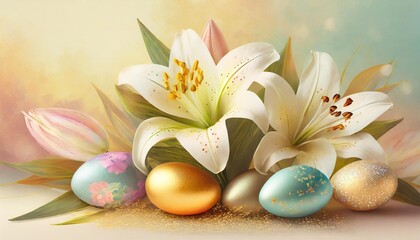 easter lillies and colorful decorated easter eggs on a light pastel background generative
