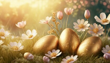 Fototapeta na wymiar 3d illustration of easter eggs and flowers with a fairytale wonderland theme for banner