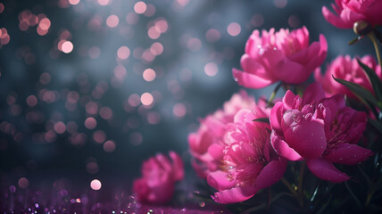 peonies with glitter bokeh background. Copy space.	
