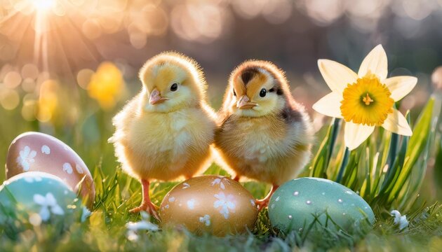 happy easter holiday greeting card background closeup of two sweet chicks with brightly painted easter eggs on meadow with blooming daffodils