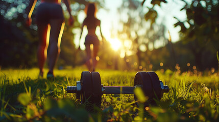 A pair of dumbbells lying on the grass against the backdrop of a new dawn, representing the...