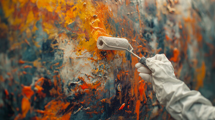 Professional Painter in Action Detailed Close-Up of Hand in White Glove Using Paint Roller on Wall - Ideal for Real Estate and New Home Renovation Concepts