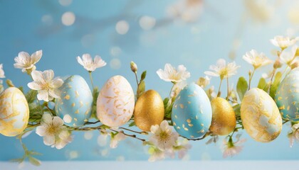 easter composition with painted easter eggs and spring flowers appear flying or suspended in midr against a bright blue backdrop line composition easter card with copy space