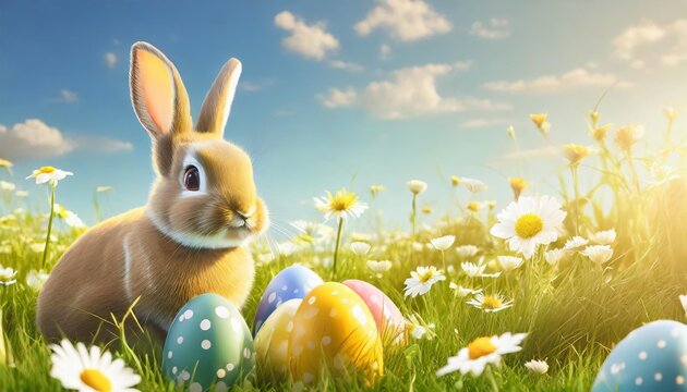 cute cartoon happy bunny with easter eggs on blue sky and green meadow grass with daisy background adorable rabbit for spring holiday design