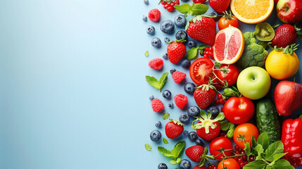 Obraz na płótnie Canvas A vibrant spread of various fruits, vegetables, and berries with ample copy space on a blue background, ideal for illustrating articles on nutrition and healthy eating.