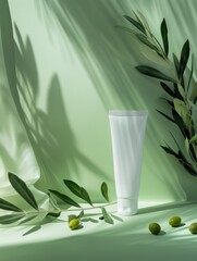 Clean, crisp image of a blank skincare tube on a green background with olive branches and fruit casting shadows, representing freshness and natural beauty
