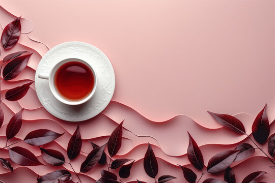 Aesthetic tranquility in a cup of tea, complemented by rhythmic waves and harmonious red leaves on a soft pink canvas, embodying relaxation and grace.