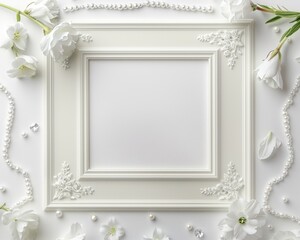 Chic rectangle frame, pearls and crystal beads elegance, bridal beauty on white