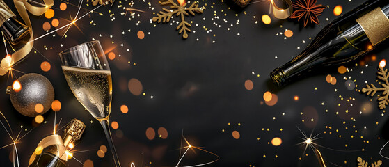 Two crystal glasses filled with champagne sit alongside a bottle on a black background, ready for a New Years celebration