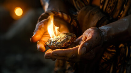 A hand gently cradles a gold nugget that appears to catch fire, against a dark backdrop