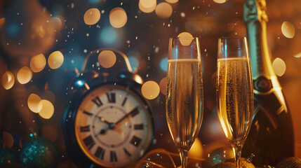 Two elegant glasses of champagne sit alongside a clock on a table, ready to ring in the New Year in style