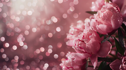 peonies with glitter bokeh background. Copy space.	
