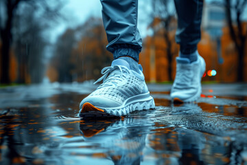 Close-up of a person's feet in sneakers, reflecting on a waterlogged path during a rain shower, symbolizing active lifestyle choices regardless of weather conditions.