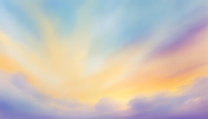 Naklejka na ściany i meble colorful watercolor background of abstract sunset sky with puffy clouds in bright rainbow colors of blue purple yellow and soft white center blur