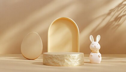 beige easter pedestal or podium product presentation display with ceramic rabbit bunny empty spring product stand background showcase 3d render illustration - obrazy, fototapety, plakaty