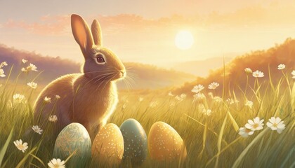 easter bunny with easter eggs pretty countryside grass flowers sunshine background illustration