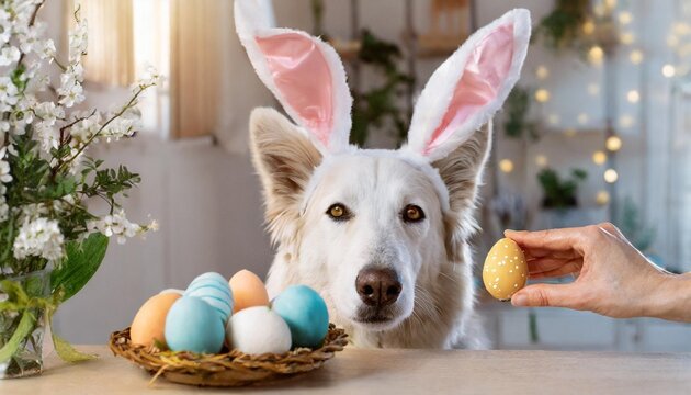 cute dog in bunny ears looking at stylish easter eggs in woman hand happy easter pet and easter holiday at home adorable white swiss shepherd dog in bunny ears sniffing natural dyed easter eggs