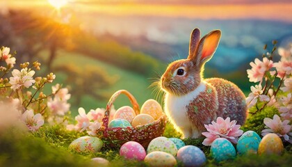 easter s charm a serene sunrise playful bunny or intricate still life adorned with pastels blossoms and eggs it captures the essence of family tradition and spring s beauty - obrazy, fototapety, plakaty