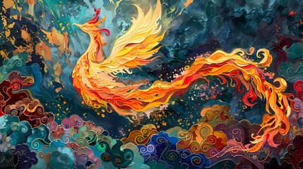 Fototapeta na wymiar Traditional art nouveau style phoenix illustration poster background