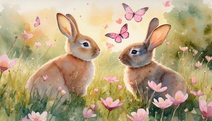 two rabbits playing and catching pink butterflies are depicted in a watercolor bunnies in a meadow playing