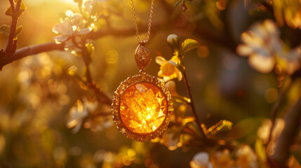 An enchanting golden pendant with intricate designs, hanging from a blossoming tree branch during a captivating sunset - obrazy, fototapety, plakaty