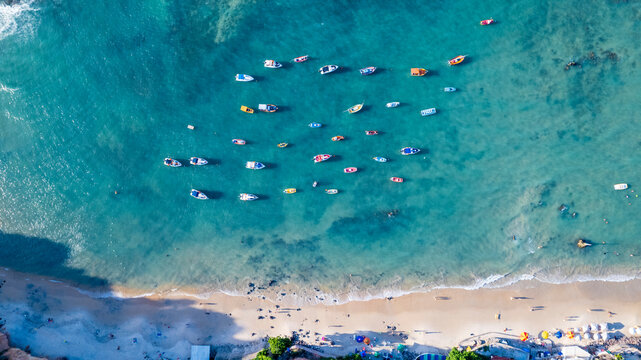 Aerial view of Pipa beach in Tibau do Sul, Rio Grande do Norte, Brazil. Top view fishing boats