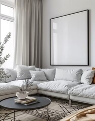 Frame Mockup Set in a Living Room Interior Background with Grey Sofa, Table, and Decor, Scandinavian Style. Presented in 3D Render. Made with Generative AI Technology