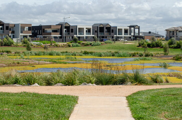 A modern residential development overlooks a serene wetland reserve in the public park, a concrete...
