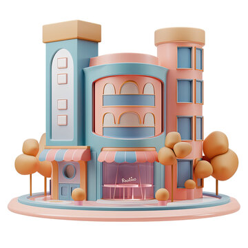 Shopping Mall Building, Clay Render, Pastel Color