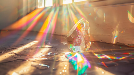 A stunning crystal prism dispersing light into rainbows across a dusty floor, evoking wonder