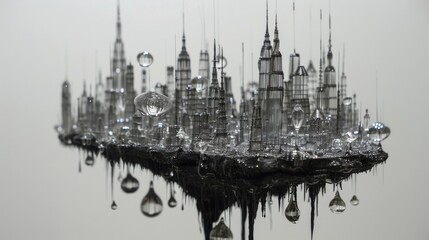 A sculpture made from intricately bent wire and glass depicting a miniature city skyline with miniature raindrop orbs suspended in the air above the buildings. - obrazy, fototapety, plakaty