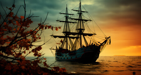 an old sailing boat sails on water at sunset - obrazy, fototapety, plakaty
