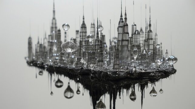 A sculpture made from intricately bent wire and glass depicting a miniature city skyline with miniature raindrop orbs suspended in the air above the buildings.