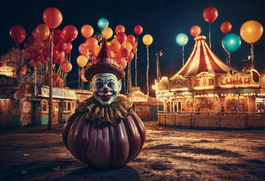 A creepy clown figure sits in front of carnival rides and tents at night, creating an eerie, unsettling atmosphere