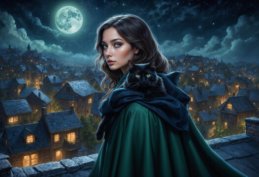 A mysterious woman with cat stands on the roof with a black cat under a full moon, overlooking a village with glowing windows against a starry sky
