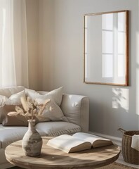 Frame Mockup Set in a Living Room Interior Background with Grey Sofa, Table, and Decor, Scandinavian Style. Presented in 3D Render. Made with Generative AI Technology