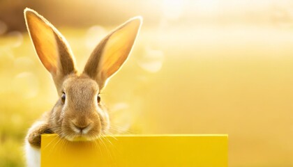 funny rabbit g peeping from behind a vibrant yellow block easter bunny concept horizontal wallpaper banner or card large copy space for text