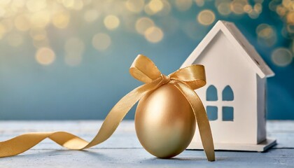 happy easter concept one golden egg with a ribbon bow and white ceramic house on blue copy space - obrazy, fototapety, plakaty