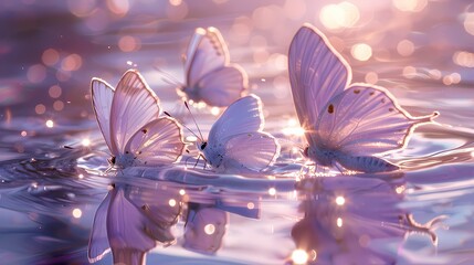 Digital purple silver butterflies and water metallic print fantasy scene abstract graphic poster web page PPT background