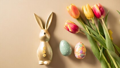 easter decorations concept top view photo of colorful easter eggs ceramic easter bunny and tulips on isolated light beige background with empty space